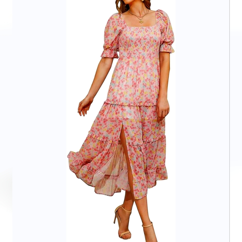 R. Yiposha | floral puff sleeve smocked midi Women Small New!